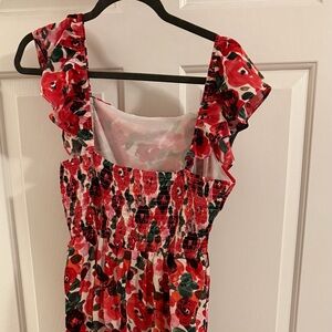 SHEIN Pink and Red Floral Smocked Dress with Green Accents